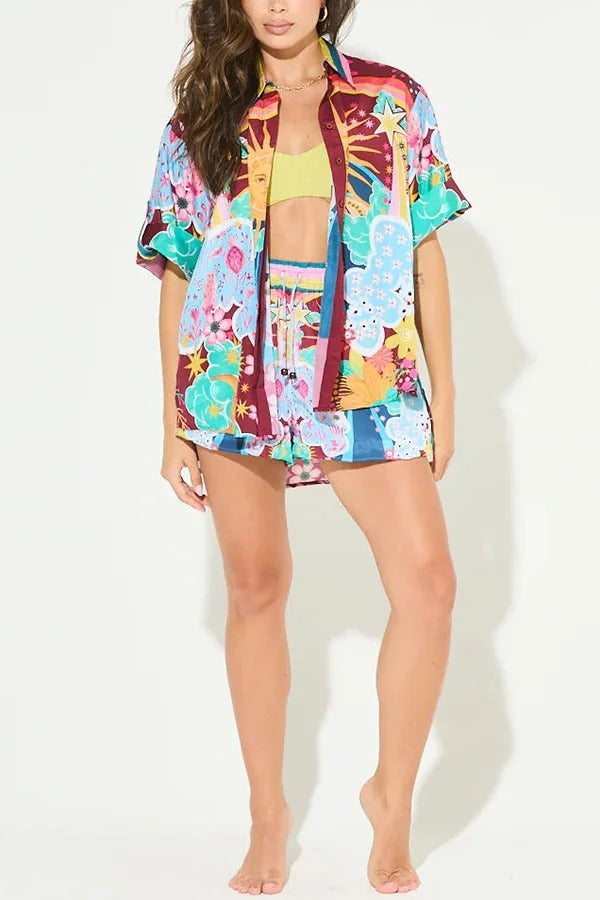 Ensemble très attendu en mélange de lin, chemise ample à boutons et imprimé unique, et short à poches à taille élastique