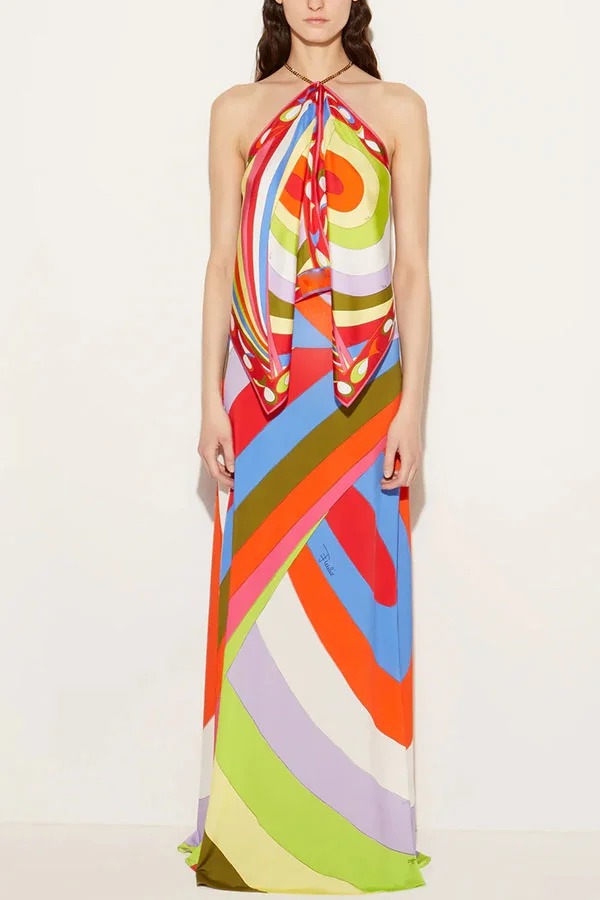 Artistic Girl Satin Unique Print Metal Chain Halter Draped Scarf Tank