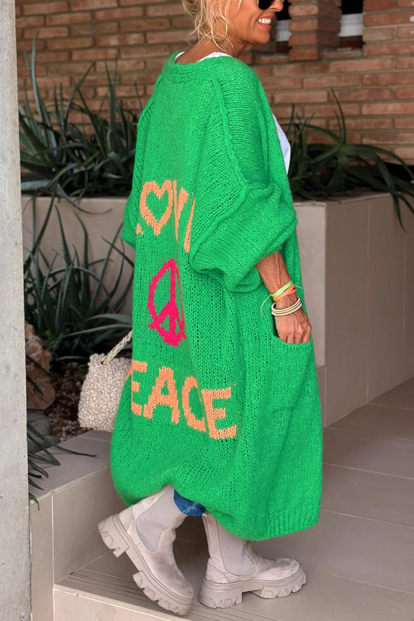 Calling for Love – Oversize-Midi-Cardigan mit bedruckter Tasche auf der Rückseite