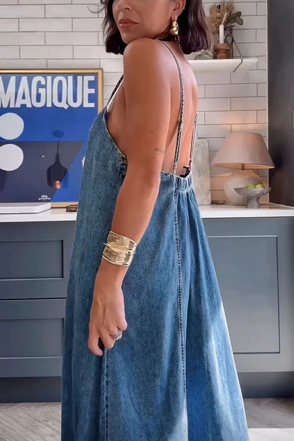 Tenaya A-Linien-Maxikleid mit elastischem Denim-Rücken und lockerem Slip