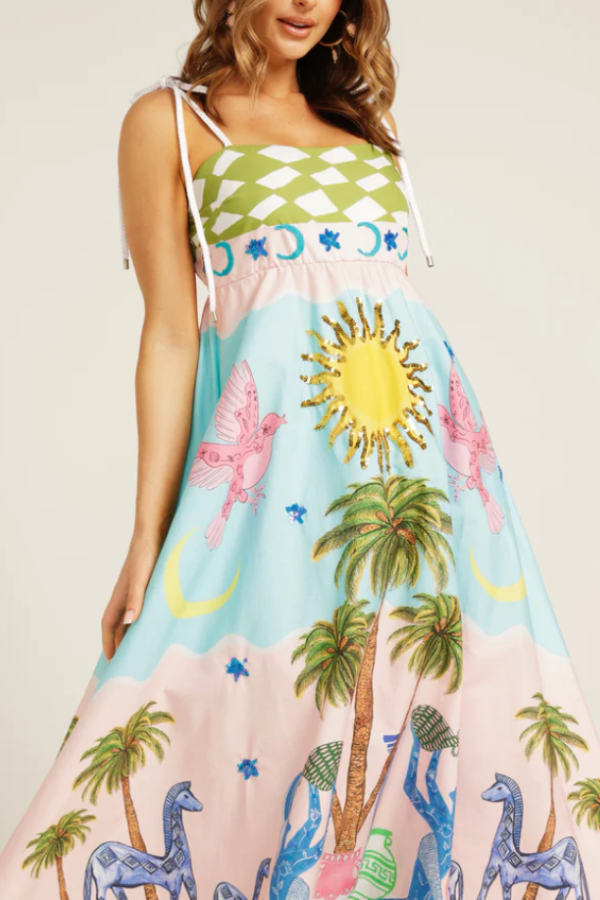 Elegantes handbemaltes bedrucktes Maxikleid „Göttin“