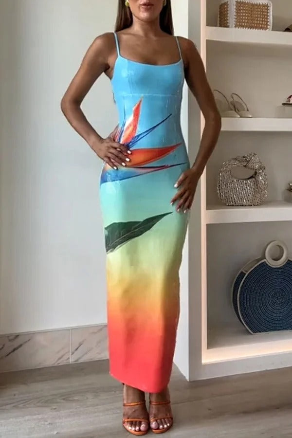 Robe longue extensible fendue à imprimé floral dégradé unique à sequins Dreamy Dreamy