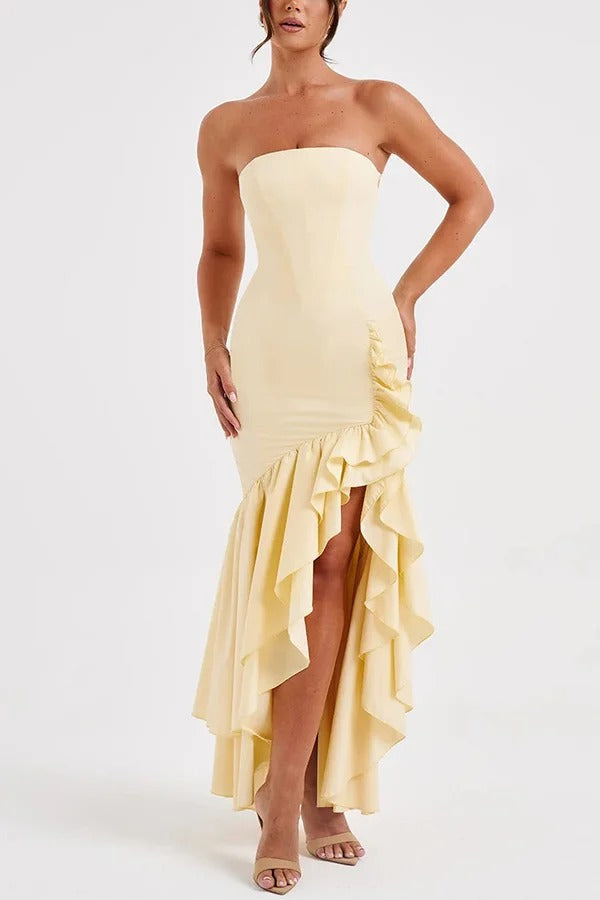 Robe longue sexy à épaules dénudées et ourlet irrégulier