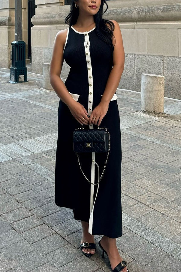 Elegantes Slim Fit Rundhalsausschnitt Ärmelloses Midi-Strickkleid mit Knöpfen