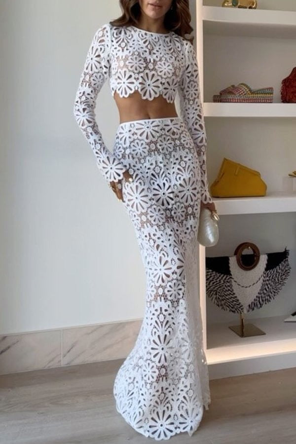 Haut court à manches longues et motif floral en dentelle crochetée Balmy Summers