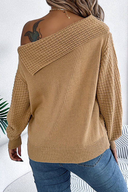 Einfarbiger, lässiger Strickpullover mit einer Schulter und langen Ärmeln