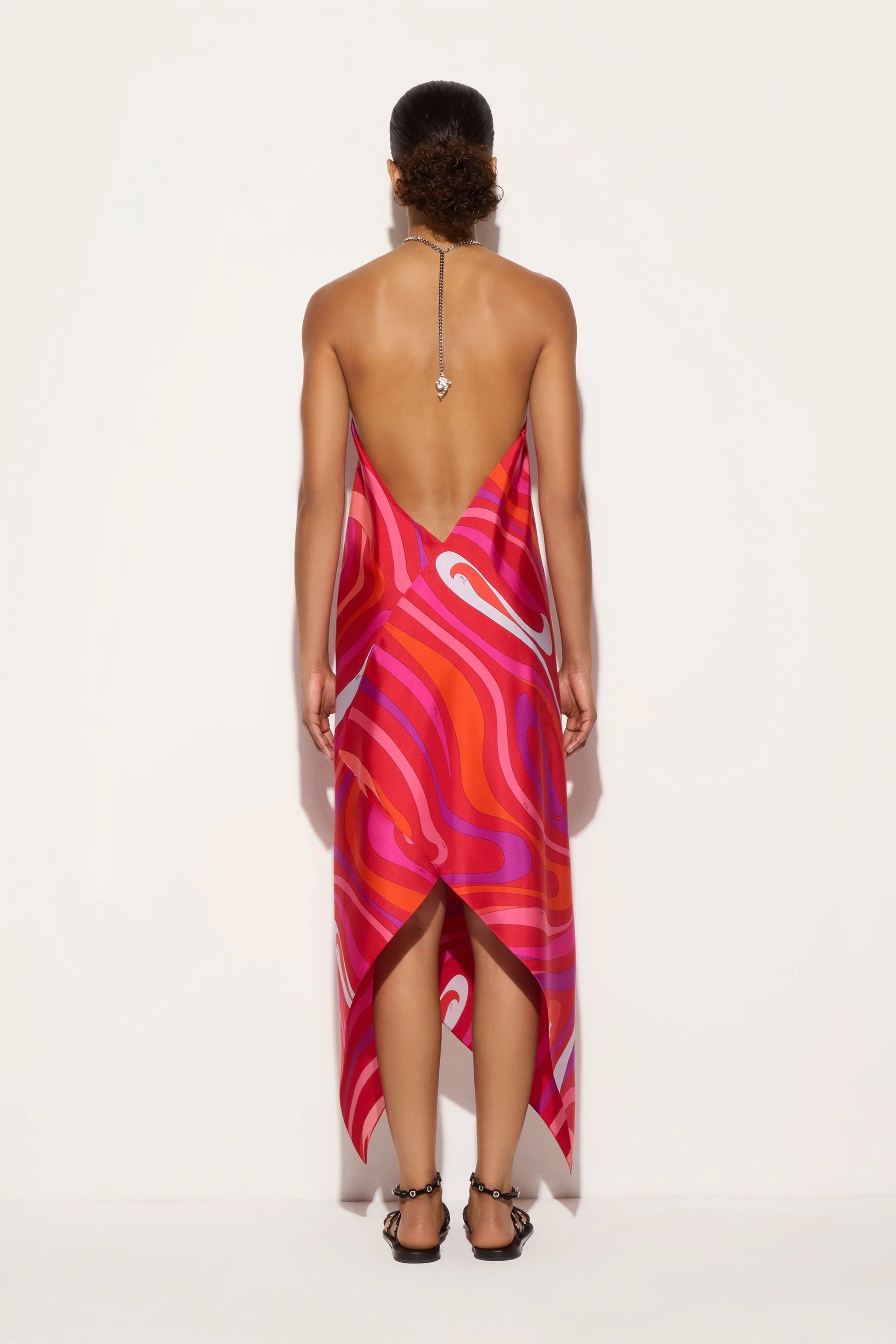 Elmhurst Satin Unique Print Chain Halter Draped Scarf Midi Dress