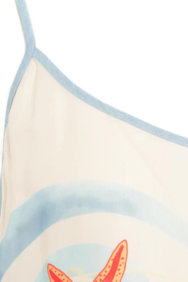 Ocean Vibe – Satin-Midikleid mit Meereselementen und einzigartigem Druck, Schlitz und lockerem Unterkleid