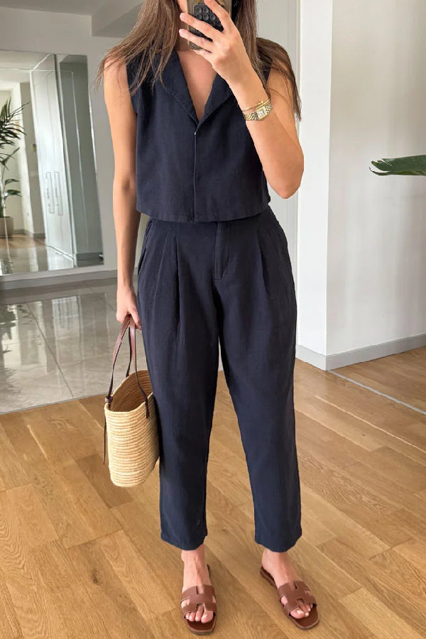 Ensemble deux pièces décontracté en coton et lin avec gilet et pantalon à revers uni