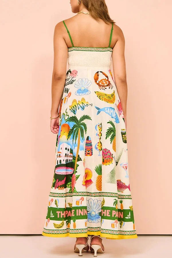 Holiday Paradise Maxikleid aus Leinenmischung mit einzigartigem Druck und gesmokten Gesäßtaschen