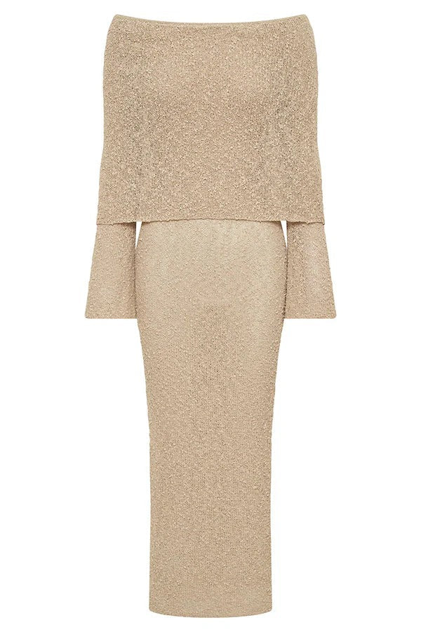 Marisol – Schulterfreies, drapiertes Maxikleid aus geripptem Bouclé-Material mit Stretchanteil für den Urlaub