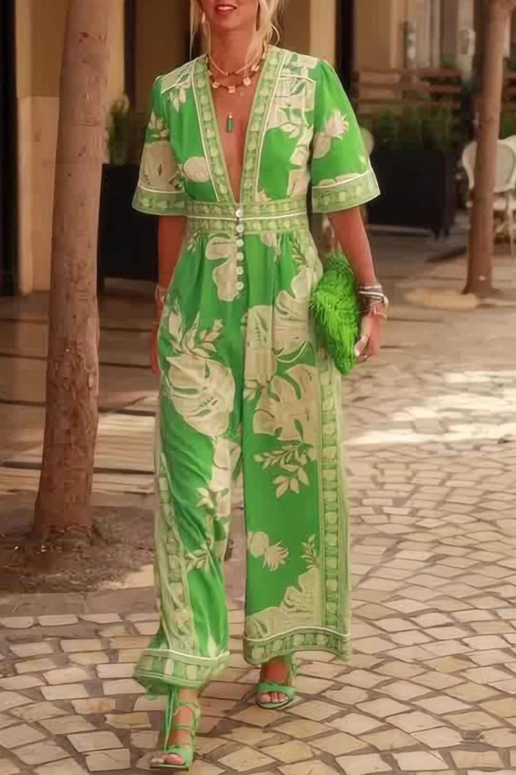 Frischer, weihnachtlicher Jumpsuit mit Blumenmuster und V-Ausschnitt und kurzen Ärmeln