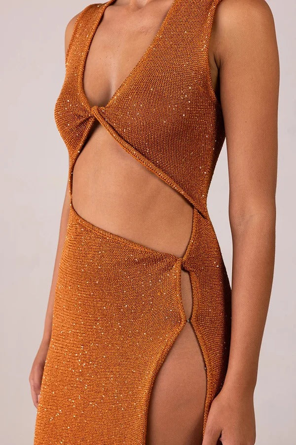 Schöne Figur Glänzender Strickstoff Ausschnitt Seitenschlitz Stretch Urlaub Maxikleid