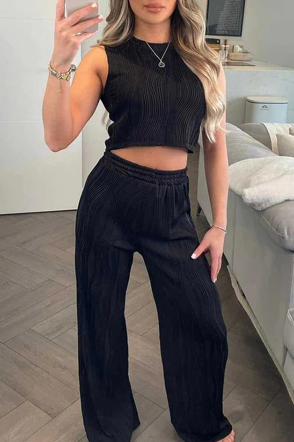 Einfarbiges Tanktop mit Rundhalsausschnitt und Wasserwellen-Print und gerade geschnittene Hose mit elastischem Bund