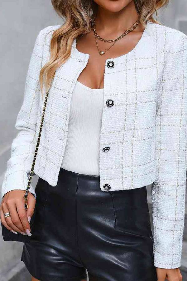 Zayla Kurzmantel aus kariertem Tweed mit Rundhalsausschnitt und Metallschnalle