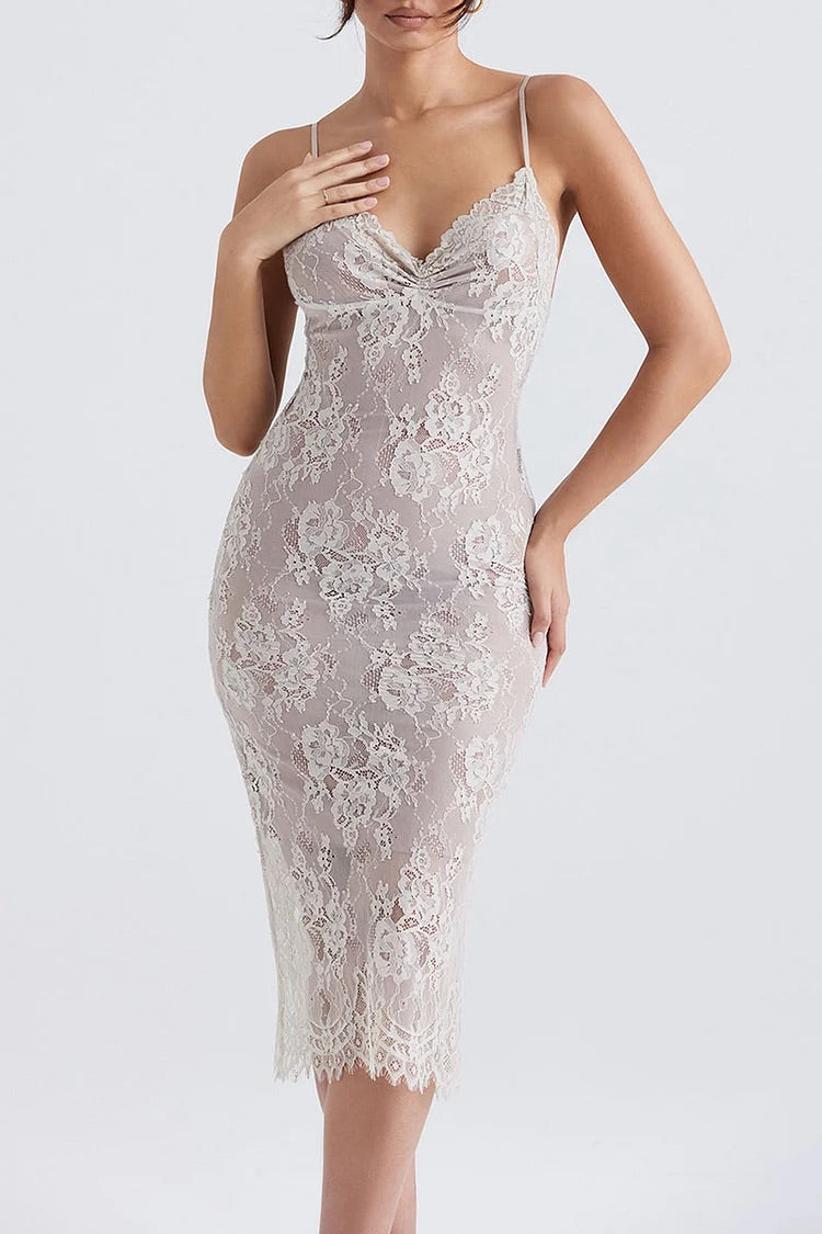 Floral Lace Slip V-Ausschnitt Rückenfreie Cocktail Party Midikleider