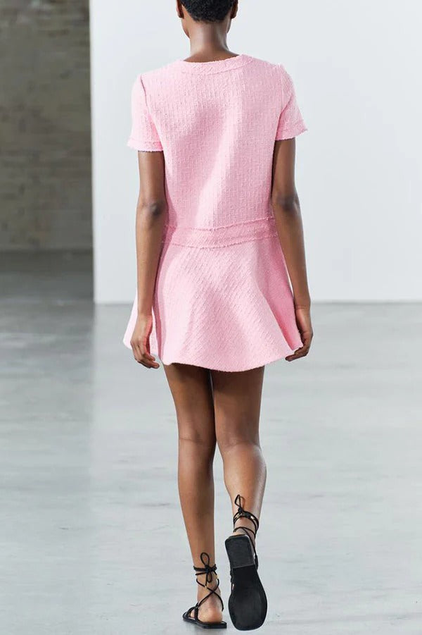 1960er London Girl Tweed Strukturiertes Minikleid mit goldenen Knöpfen und kurzen Ärmeln