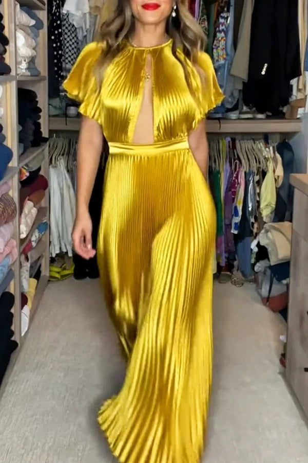 Robe longue en satin plissé à manches cloche et découpes Flash Goddess