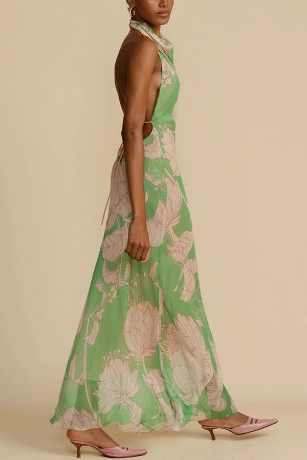 Josefine – Neckholder-Maxikleid mit Wasserfallausschnitt und Blumenmuster, rückenfrei und zum Binden