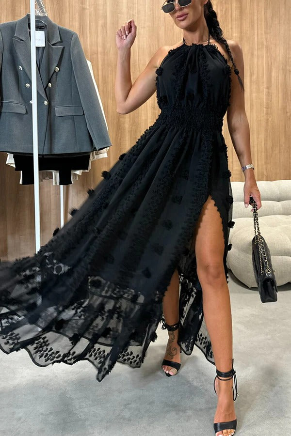 Gloria Maxikleid mit Blumenstickerei, elastischer Taille, Neckholder, rückenfreiem Schlitz