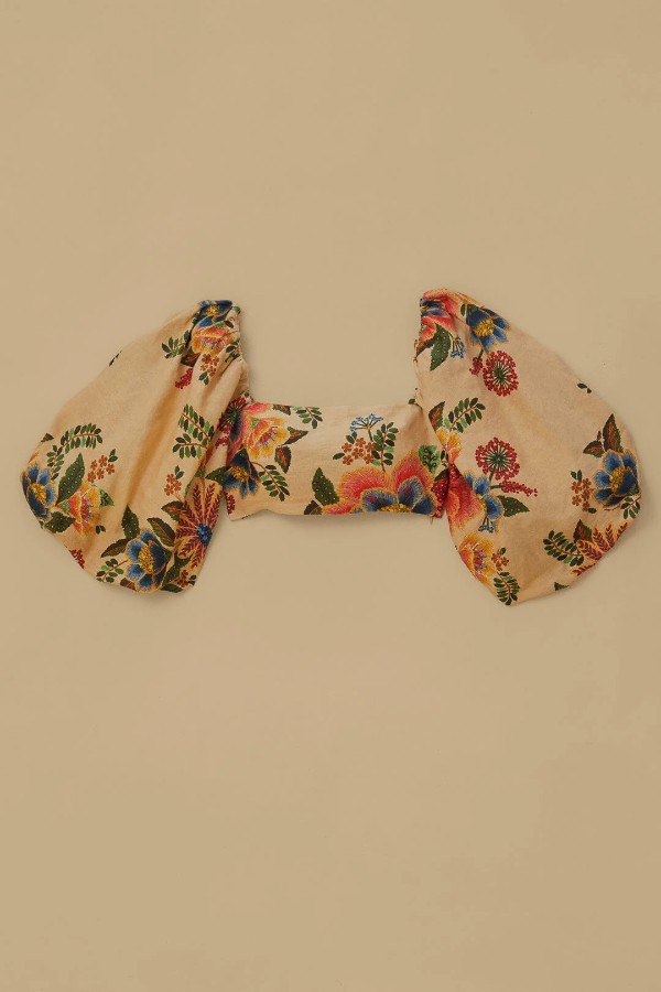 Set aus Leinenmischung im Dschungel-Stil mit Blumendruck, bauchfreiem Top mit Puffärmeln und Midirock mit hoher Taille