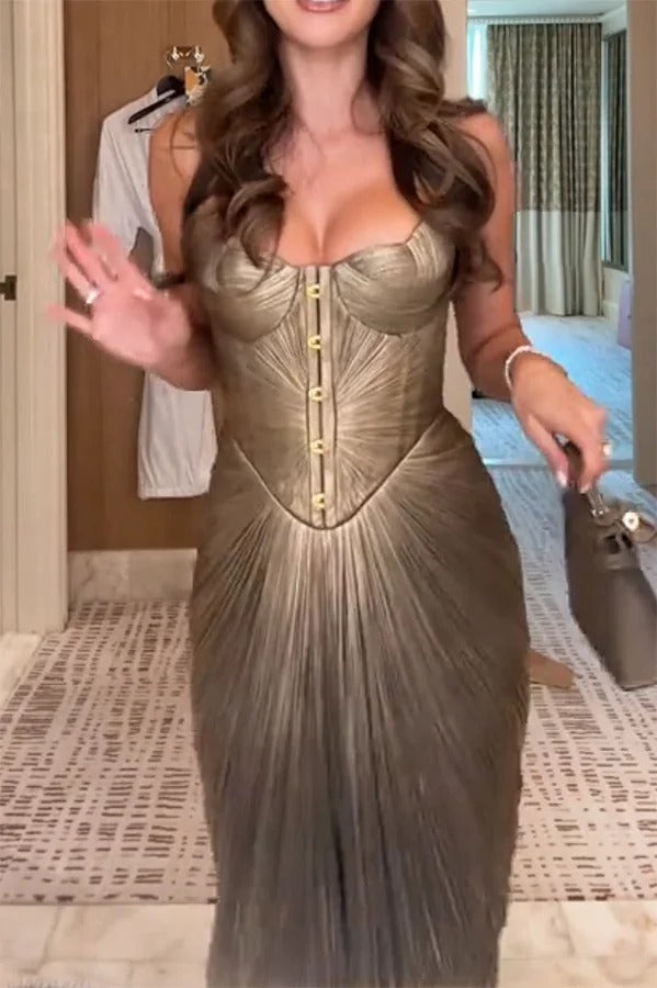 Vegas Queen Metallic Pleated Sculpted Bodice Back Lace-up Drape Maxi Dress