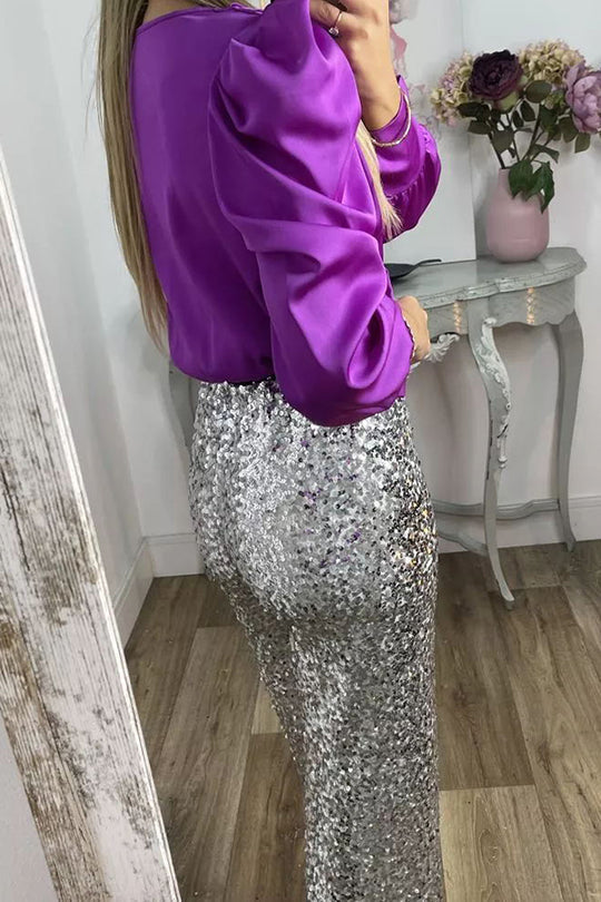 Glitzernde Glamour-Paillettenhose mit hohem Bund und weitem Bein