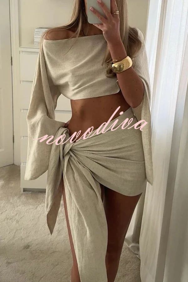 Vacation Partner – Kurzes Oberteil aus Leinenmischung mit weiten Ärmeln und geknotetem Minirock im Set
