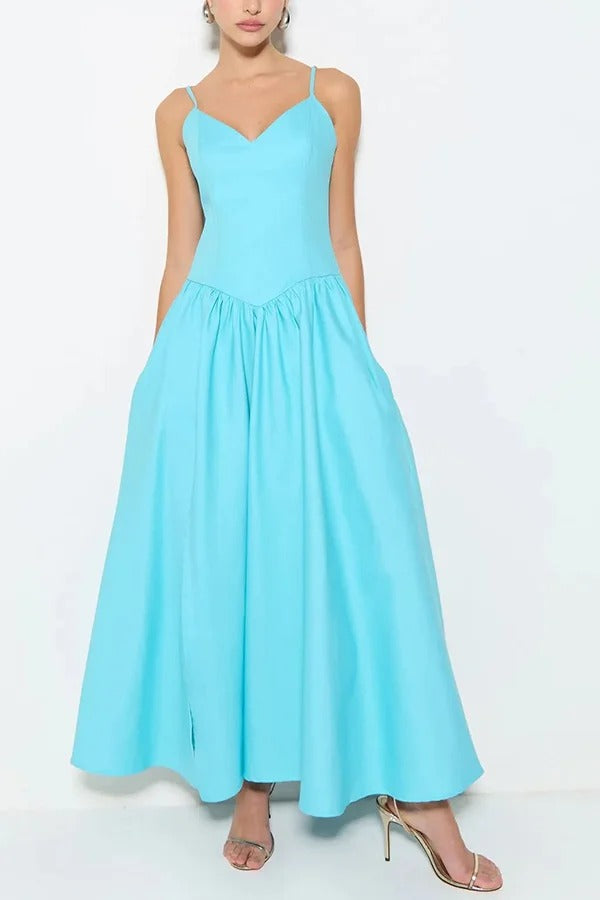 Sofie Midikleid mit gesmoktem Rücken, Taschen und hoher Taille