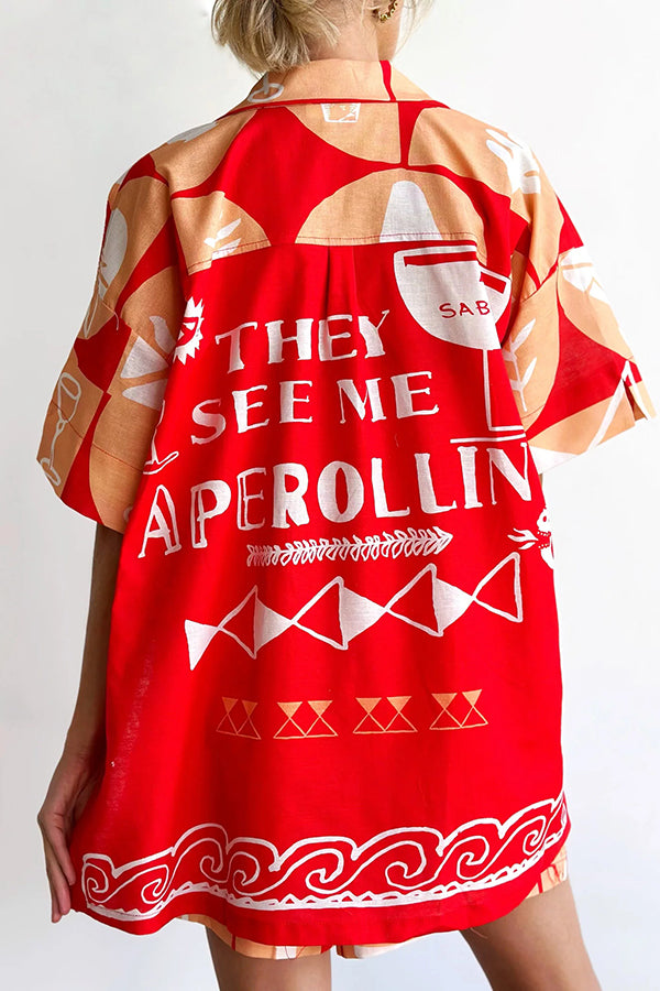 Set aus einzigartig bedrucktem Hemdoberteil aus Leinenmischung und lockeren Shorts mit Taschen und elastischer Taille