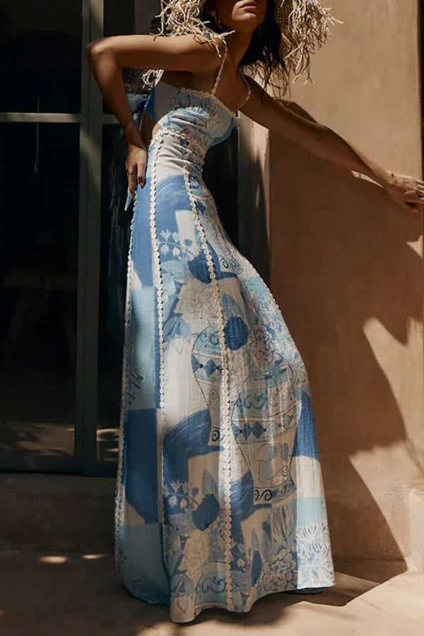 ROBE LONGUE ÉVASÉE EN LIN AVEC BORDURES EN LIN, IMPRIMÉ UNIQUE, NOUAGE AU DOS