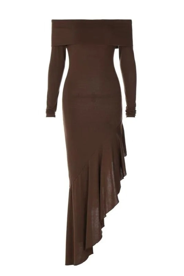 Temperamentvolles schulterfreies Langarm-Maxikleid mit unregelmäßigem Saum und Stretch