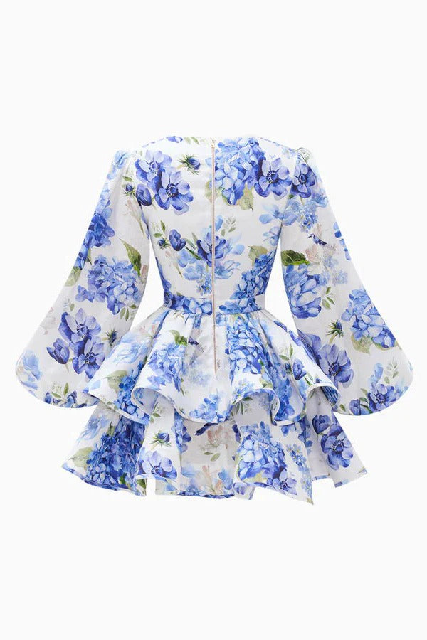 Feminines und sexy Minikleid mit tiefem V-Ausschnitt, Ballonärmeln und Blumendruck