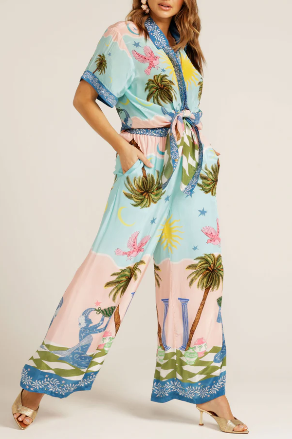 Einzigartige Hose mit weitem Bein und elastischer Tasche im Cree-Ethno-Stil mit handbemaltem Druck