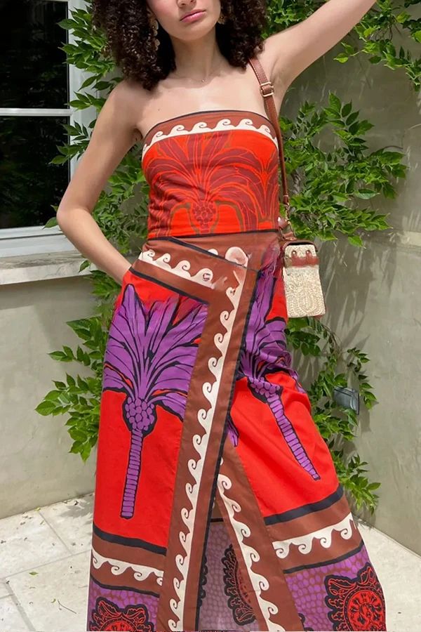 Sexy, dehnbares Tube-Top mit botanischem Blumendruck, hoher Taille und Schlitz im Maxikleid