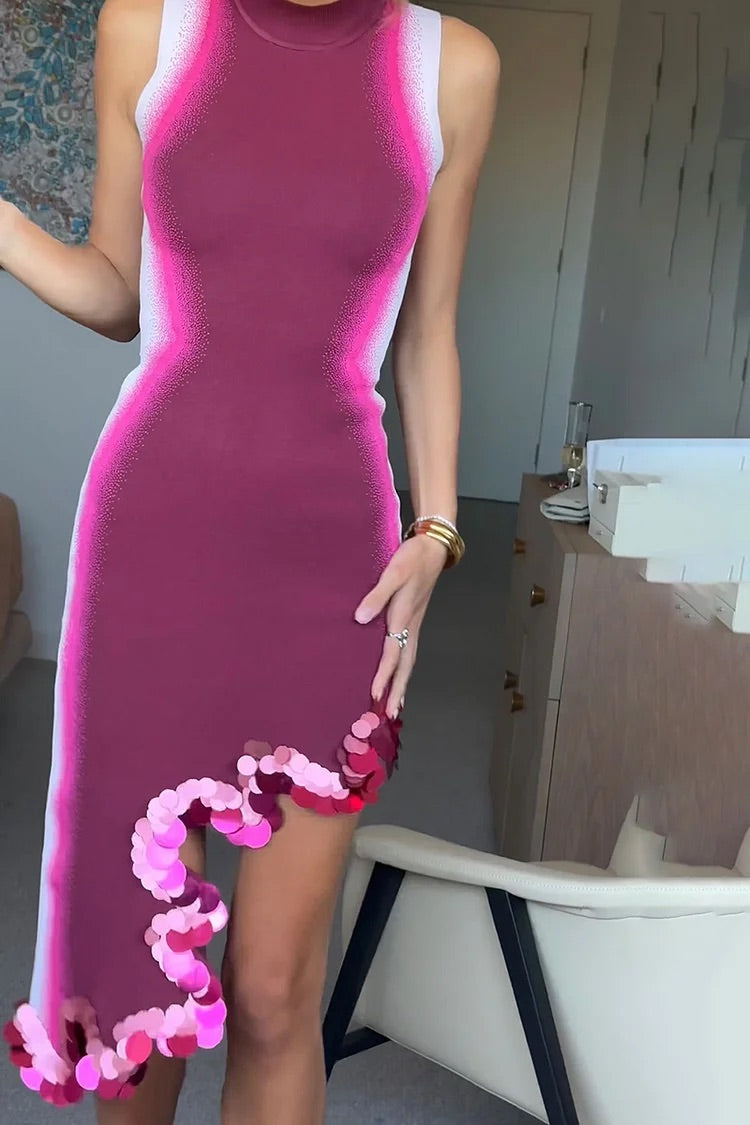 Farbverlauf Mock Neck Paillettenbesatz Unregelmäßige Mini Tank Kleider-Fuchsia
