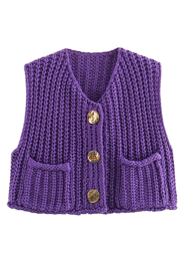 Einfarbige ärmellose Strickweste mit Tasche