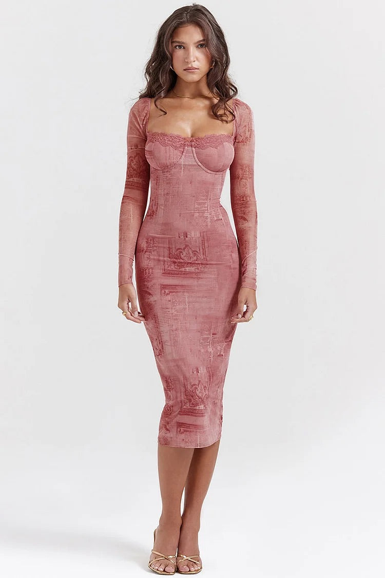 Robe mi-longue ajustée à manches longues et col carré avec imprimé en maille - Rouge