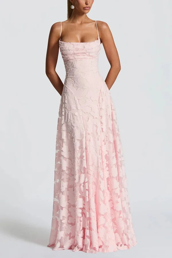 Francis Custom Floral Burnout Fabric Cowl Neck Back Lace-up Maxi Dress