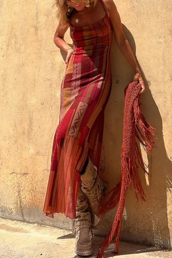 Midikleid im Gypsy-Stil mit einzigartigem Aufdruck, Wasserfallausschnitt hinten, Schnürung und Schlitz