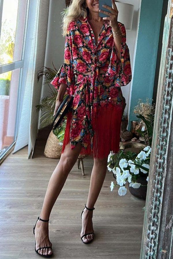 Alessia Mini-Wickelrock mit Blumenmuster, elastischer Taille und Quastenbesatz