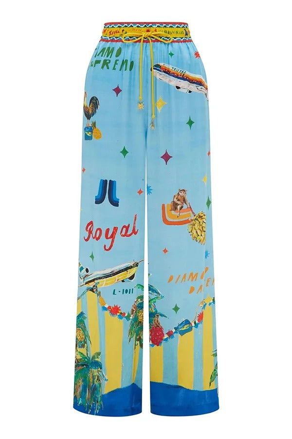 Vacation Flights – Satin-Hose mit einzigartigem Druck, elastischer Bund und Taschen und weitem Bein