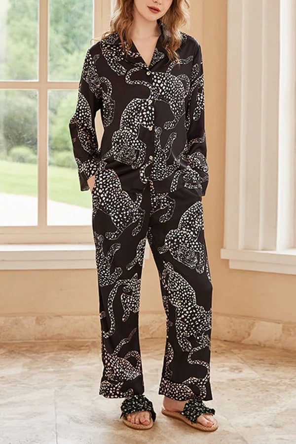 Schwarzes, langärmliges Home-Zweiteiler-Set mit Jaguar-Print