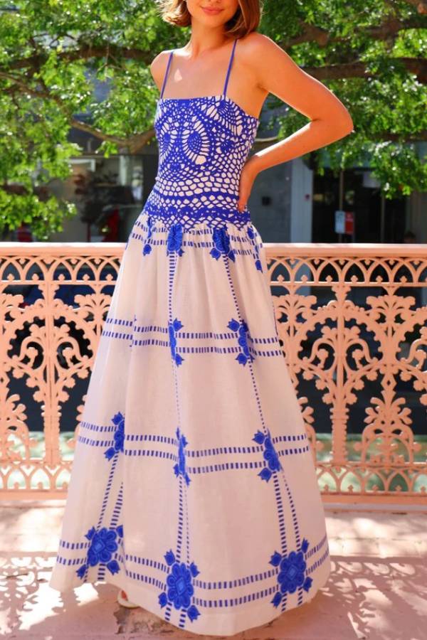 Lace blue and white stitching suspender dress