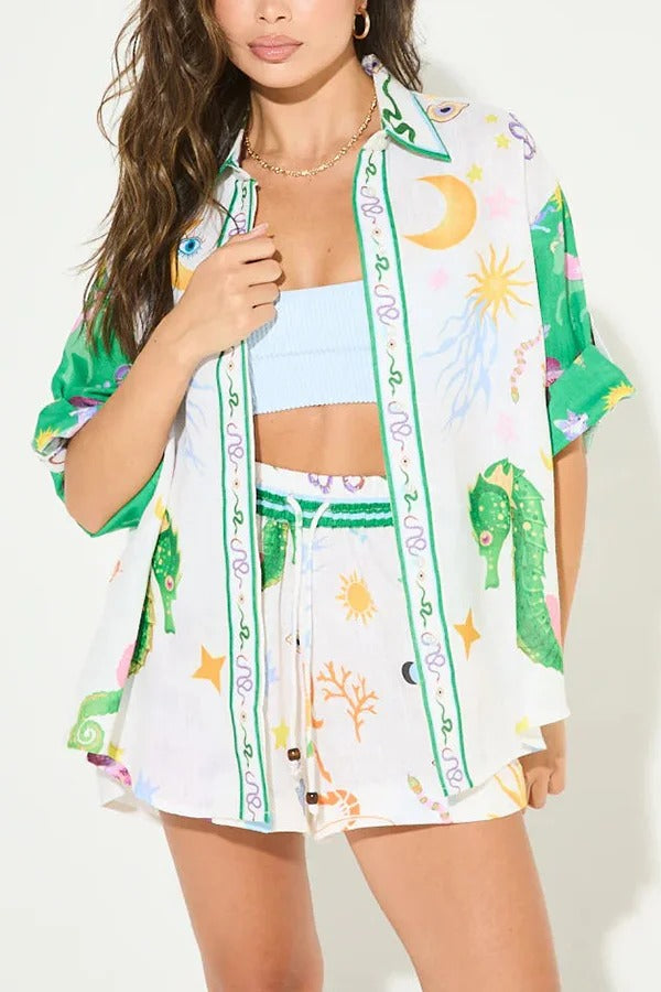 Ensemble très attendu en mélange de lin, chemise ample à boutons et imprimé unique, et short à poches à taille élastique