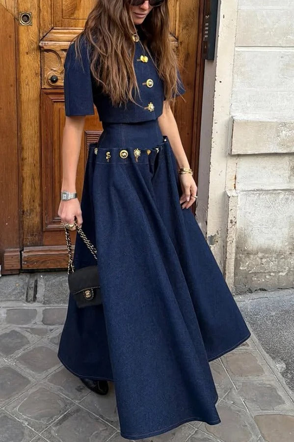 Custom Look Denim Unique Metal Pattern Buttons Slit Half Sleeve Crop Jacket