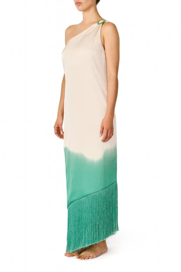 Maxikleid mit Rüschen, One-Shoulder-Träger und Quastenbesatz im lebhaften Ombré-Print