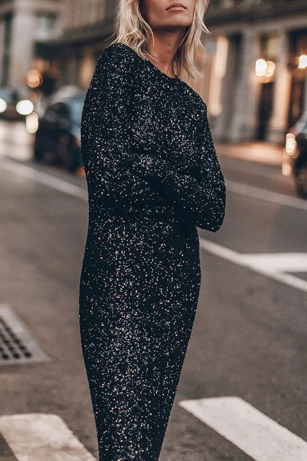 Ignite Sparkly Nights – Lockeres Midikleid mit Pailletten und extra langen Ärmeln und offenem Rücken