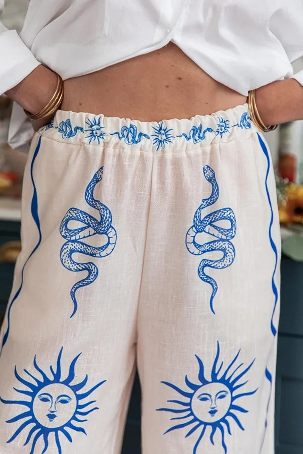 Symbol of Sicily – Hose aus Leinenmischung mit einzigartigem Druck, elastischer Taille und Taschen mit weitem Bein