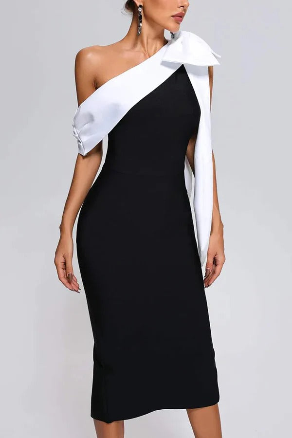 Elegantes One-Shoulder-Bandage-Midikleid mit Schleife im Abendlook
